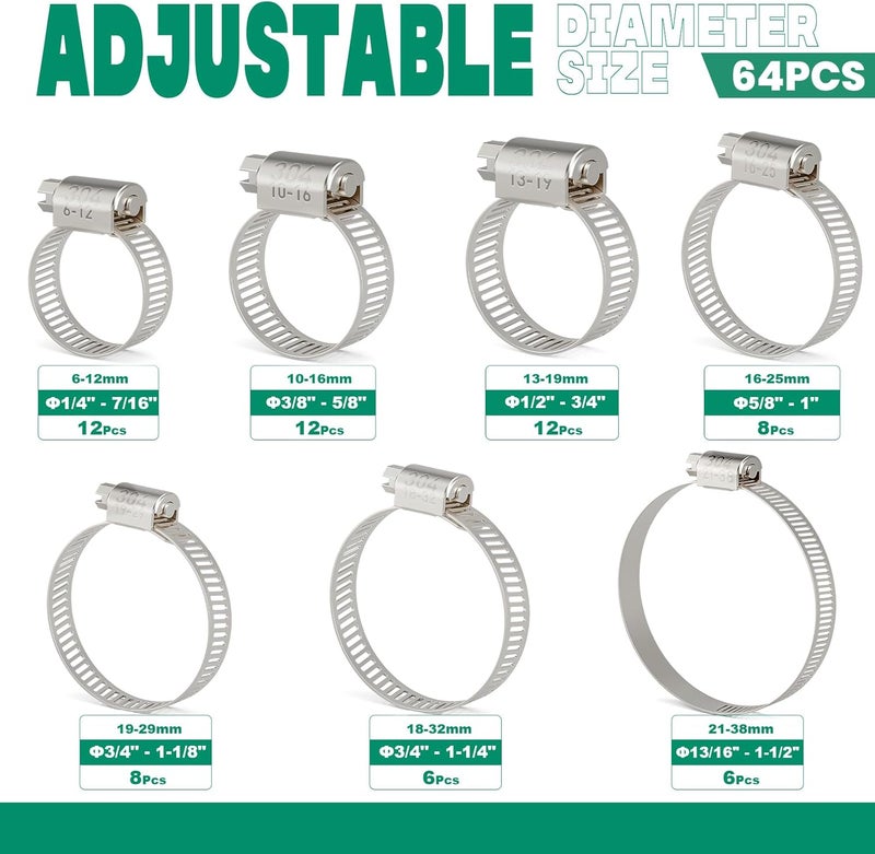 ORU 64PCS Hose Clamps Stainless Steel Assortment Adjustable 1/4"-1-1/2"(6-38mm) Worm Gear Hose Clamp, Heavy Duty Metal Small Hose Clamps for Automotive, Pipe, Radiator Plumbing, Fuel Line - Image 2
